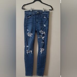 American Eagle Blue Distressed Super‎ Hi Rise Jeggings Level Stretch Sz 4